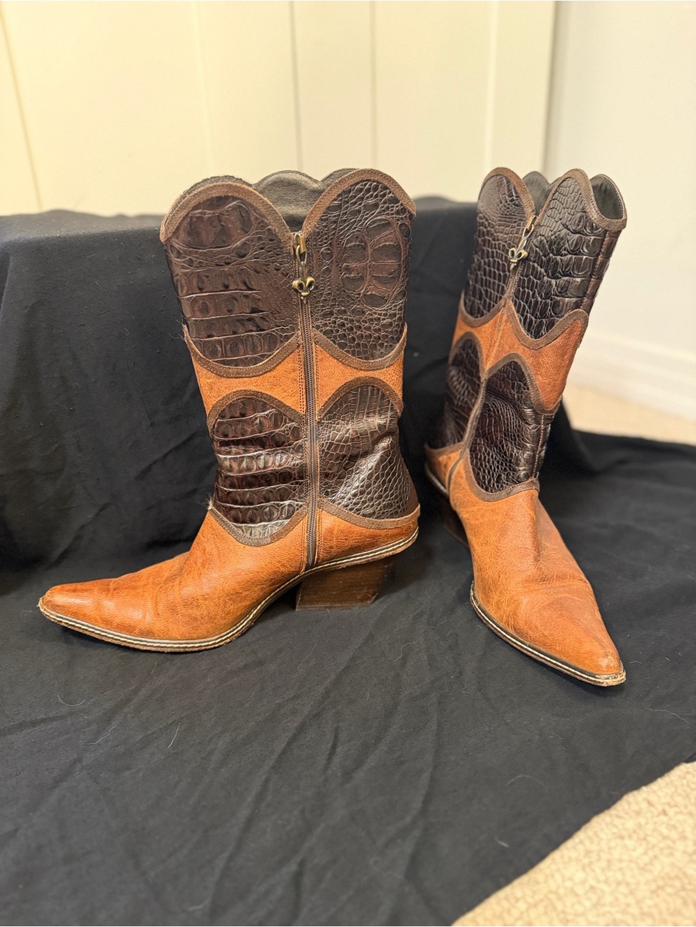 Donald J. Pliner Two-Tone Brown and Tan Western Heeled Boots